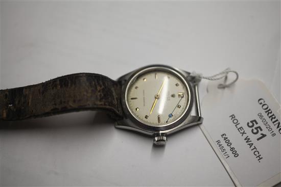 A gentlemans 1950s stainless steel Rolex Oyster manual wind wrist watch,